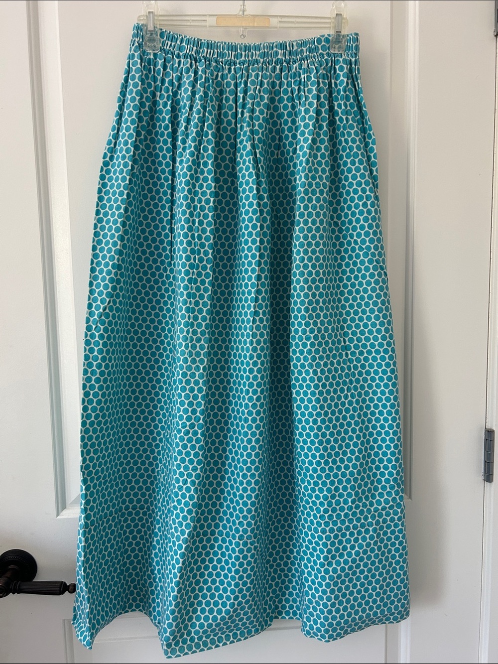 Turquoise Polka Dot Maxi Skirt with Elastic Waist